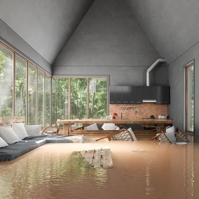 Flooded modern living room with muddy water covering the floor after a burst pipe